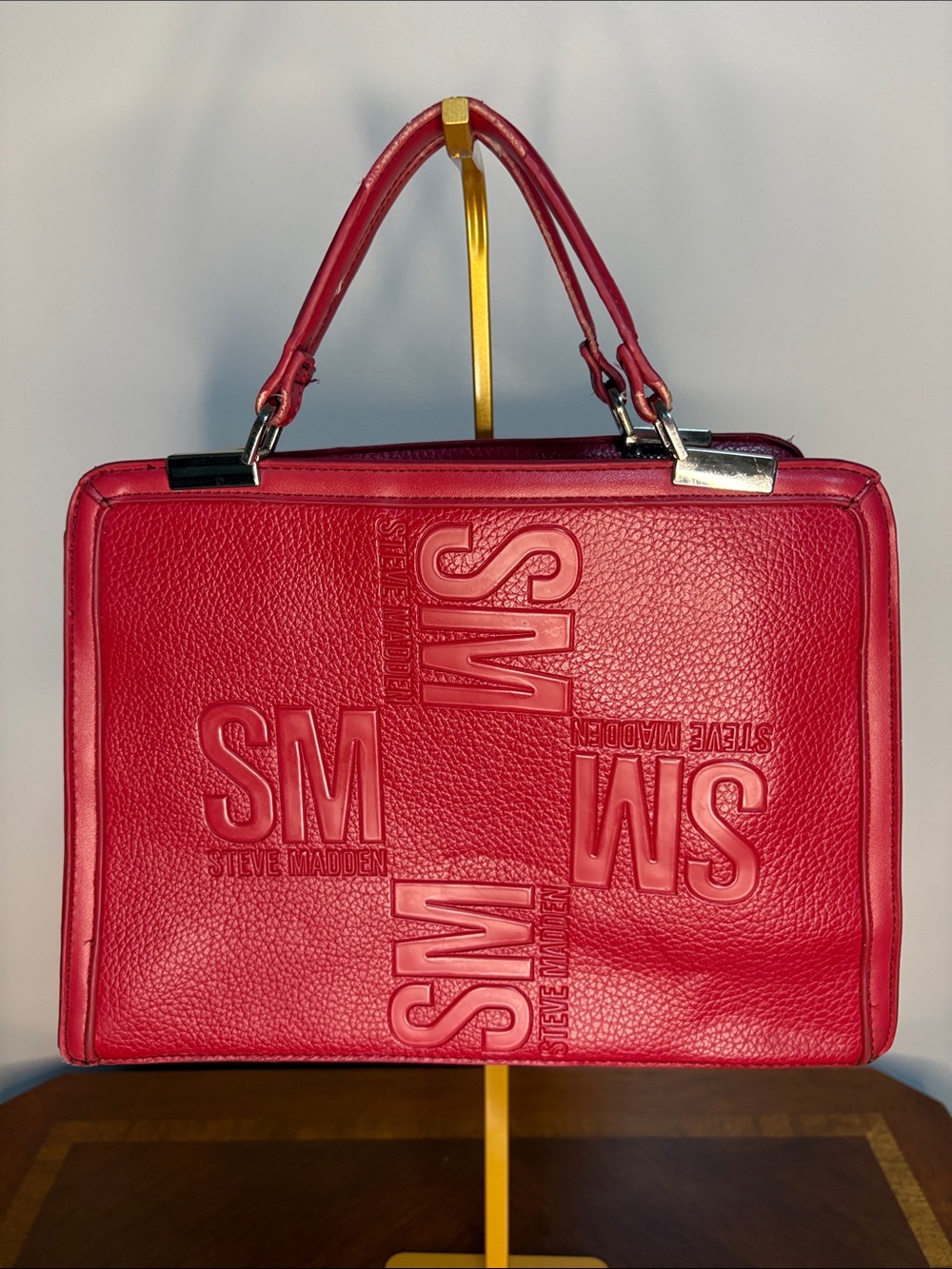 Steve Madden Red Embossed SM Structured Top-Handle Satchel